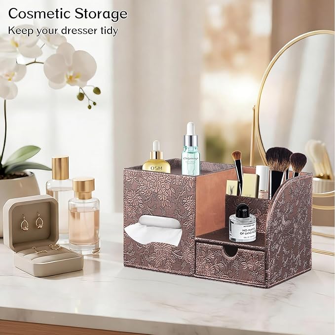 Fanousy Square Tissue Box Cover with Drawer Storage and Tray on Top, PU Leather Tissues Cube Boxes Holder, Modern Nightstand Organizer Caddy, Remote Control Holder for Bathroom, Bedside, Office, Home