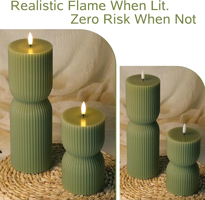 Olive Green Ribbed Flameless Pillar Candles with Remote, LED Candles Battery Operated Flickering Real Wax Set of 2