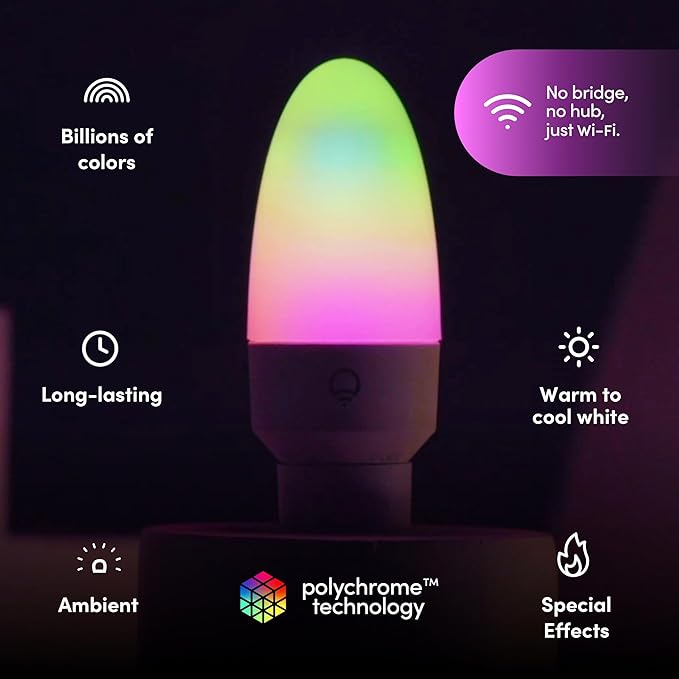 LIFX E12 Candle Color Wi-Fi Smart LED Light Bulb, PolychromeColor, Multi-Zone Dimmable, No Hub Req, App & Voice Control, Compatible with Alexa, Apple HomeKit, Google Assistant & Microsoft Cortana