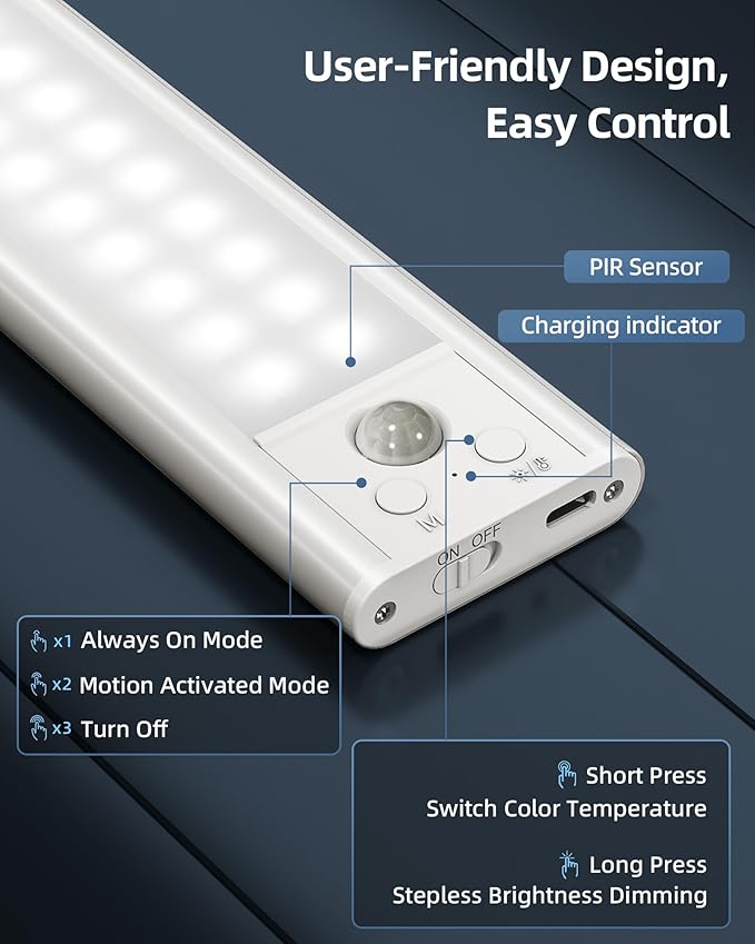 14.5inch Under Cabinet Lights, Wireless Closet Light, Motion Sensor, 3500mAh Rechargeable Battery, Magnetic, 3 Color Temps, 5 Levels Dimmable, Under Counter Lights for Kitchen (2 Pack)
