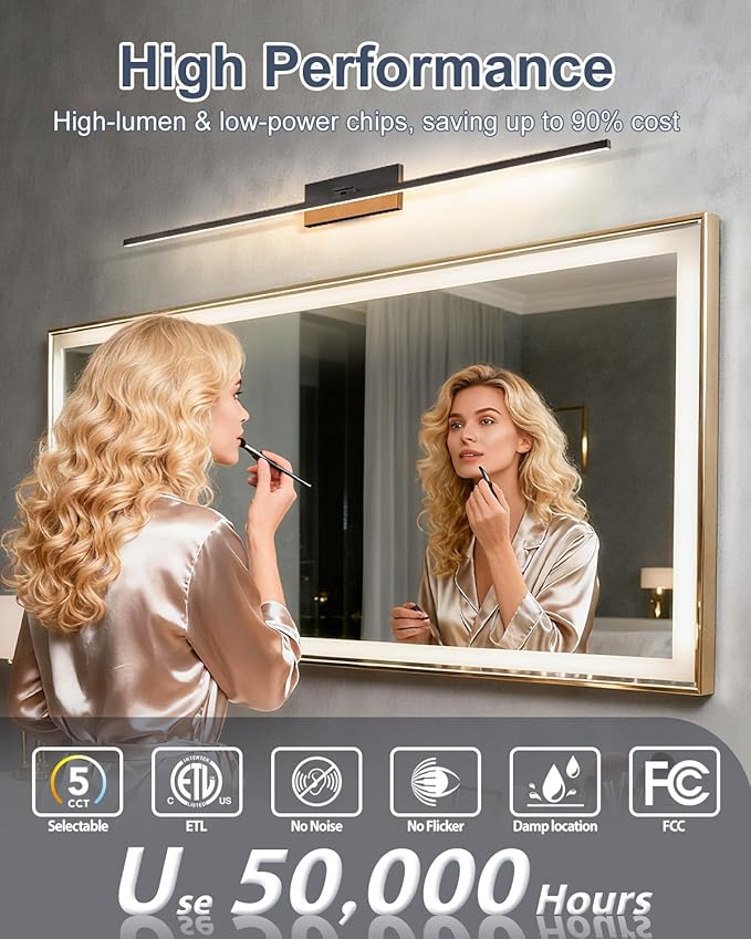 Aosclex 40 Inch Modern Bathroom Vanity Light, 180° Rotatable, 30W 2700LM 5CCT Adjustable (2700K–6000K), Dimmable LED Lights for Bathroom Mirror, IP44 Waterproof Black Light Bar, ETL Certificated