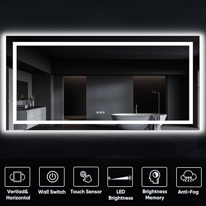 LED Bathroom Mirror, 72"x32" with Frontlit and Backlit Anti-Fog Mirror with Lights LED Vanity Mirror for Bathroom 3 Colors Temperature & Dimmable Bathroom Mirror with HD Tempered Glass