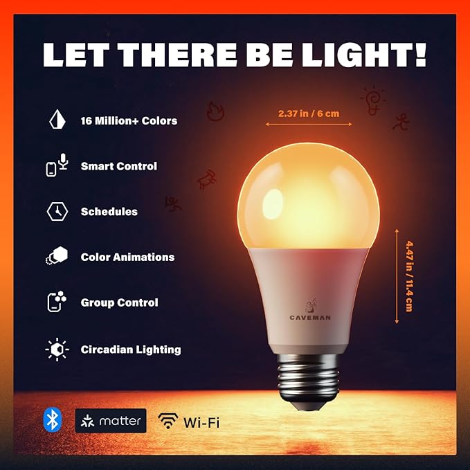 Caveman Matter & WiFi A19 Smart LED Light Bulb, RGBW Color Changing, Tunable Warm & Cool White 800LM (60W Equivalent) – Alexa, Google Home, Apple Home Bulb (2pk)