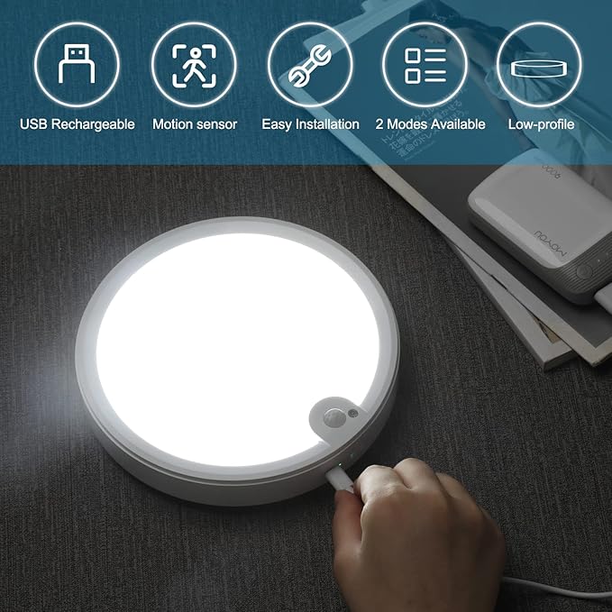 Youtob Rechargeable Motion Sensor Ceiling Light - USB Powered, 6500K Bright White, Auto-On LED Closet Lighting for Stairs, Porch, Hallway, Pantry with Long-Lasting Battery Life and Easy Installation
