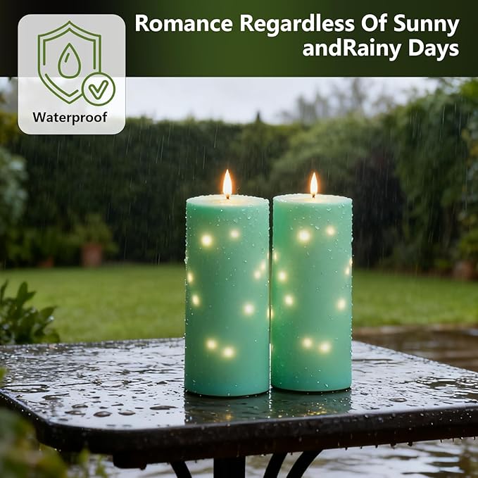 10" x 4" Large Outdoor Waterproof Flickering Flameless Candles with Timer,2Pcs Battery Operated LED Pillar Candles with Embedded Star String for Outdoor Lanterns,Porch,Patio Decor(Blue)