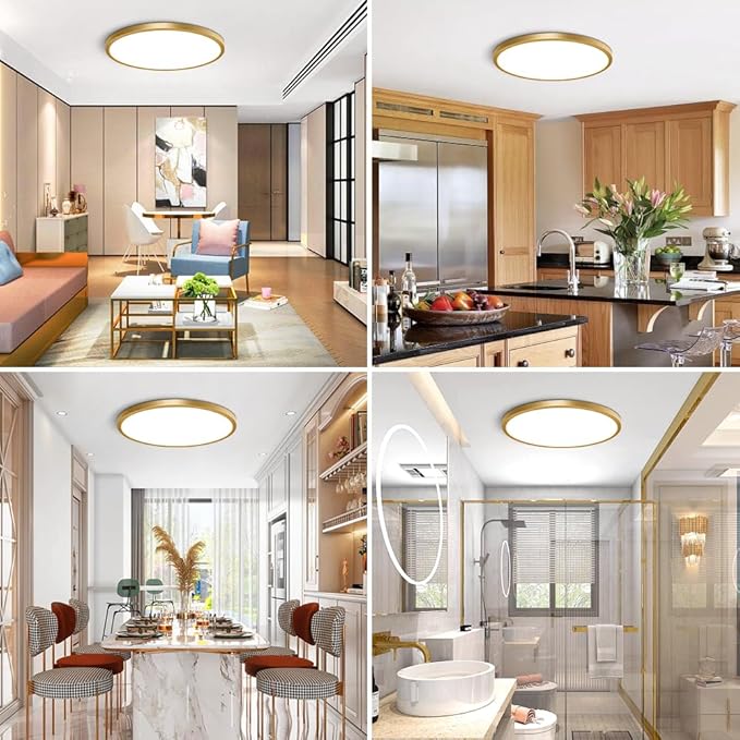 12 Inch Gold LED Ceiling Light, 5000K Daylight White, 24W Gold Flush Mount Ceiling Light, 3200LM Round Low Profile Ceiling Lights for Bedroom Kitchen Hallway Entryway