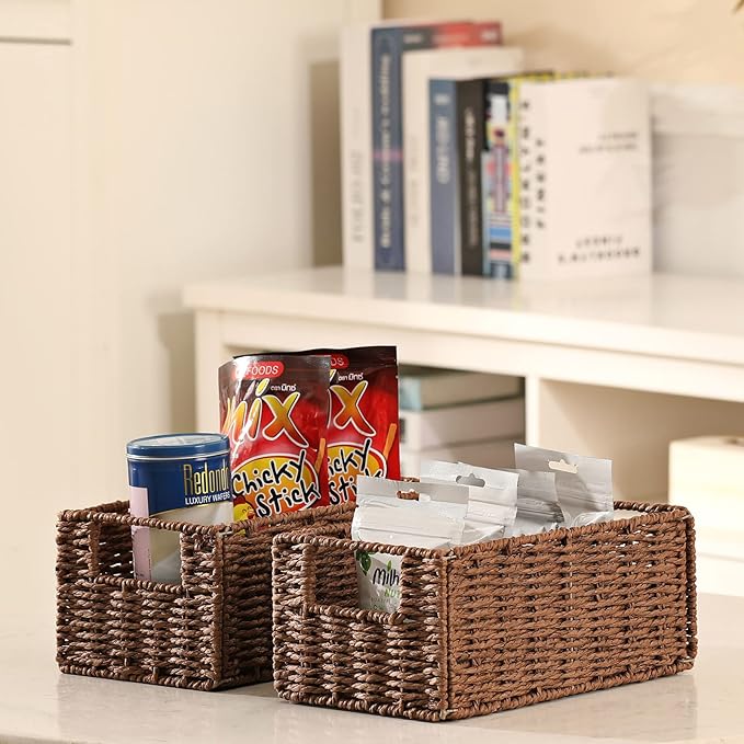 Vagusicc Wicker Storage Basket, Set of 2 Hand-Woven Paper Rope Wicker Basket, Small Storage Baskets for Organizing Toilet Paper, Foldable Large Cube Storage Organizer Bins for Shelves (Brown)