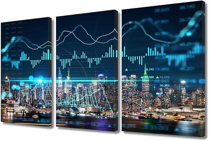 New York Forex Graph Hologram Home Decor Art Prints Living Room Wall Decor 3 Panel Concept of Internet Trading Brokerage Artwork Modern Home Decor Print on Canvas Framed Ready to Hang (36"Wx24"H)