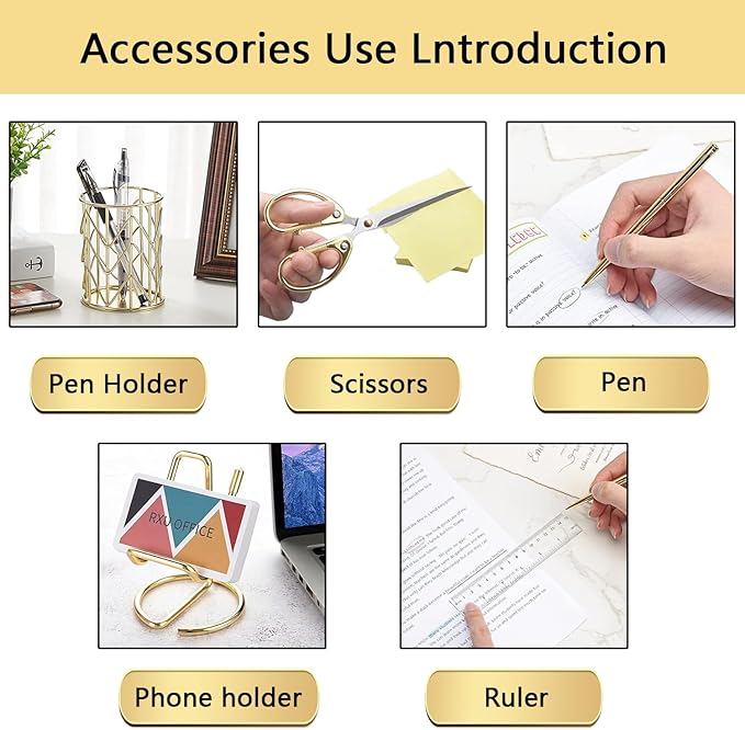 suniya Office Supplies,Desk Accessories,with Stapler,Tape Dispenser,Pen Holder Cup for Desk,Staple Remover,Scissor,Ballpoint Pen,Clear Tape, Staples,Phone Stand,Ruler,Binder,Best Gift Set(Gold)