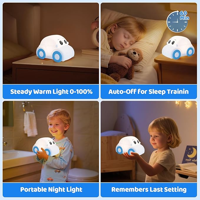 Cute Baby Toddler Car Kids Night Light for Kids, Dimmable+1800mAh Rechargeable+Timer+Portable+Silicone+Squishy, Touch Breastfeeding Bedside Night Lamp, Funny Girls Boy Gifts
