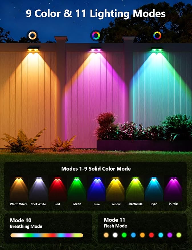 Solar Fence Lights Outdoor, 16 Pack Color Changing Fence Lights Solar Powered with 9 RGB Colors & 11 Lighting Modes, IP65 Waterproof Dusk to Dawn Fence Lights for Patio, Deck, Wall, Backyard