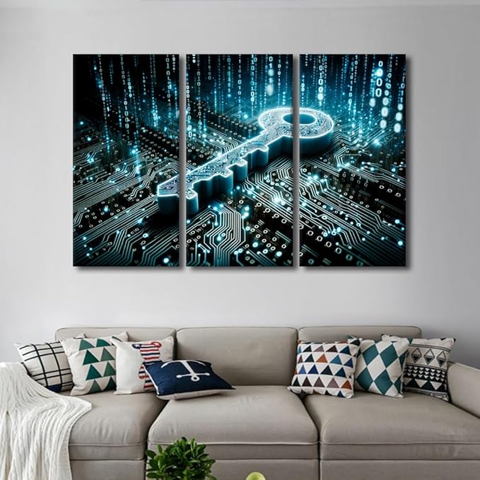 TUMOVO Wall Art for Living Room 3 Panel Key on Circuit Board Background with Binary Code Poster for Home Wall Decoration, Security Concept Posters and Prints, Ready to Hang, 60" Wx40 H