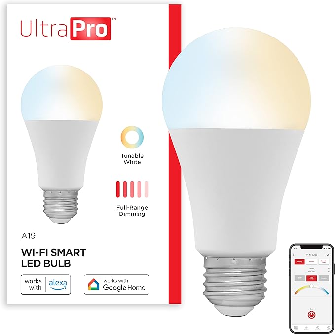 UltraPro Wi-Fi LED Smart Light Bulb, A19, 60W Equivalent, White Select Tunable 2700K - 6500K, Full-Range Dimmability, 2.4GHz Router Required, Circadian Rhythm, Easy-to-Use App, 51443