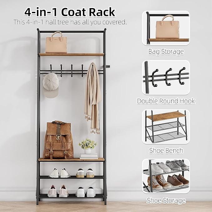 Coat Rack Shoe Bench with 5 Hooks, Entryway Hall Trees with Storage, Multifunctional Hallway Organizer, Wood Look Accent Furniture with Metal Frame, 4-in-1 Hall Trees Shoe Bench (1 Row-5 Hooks)