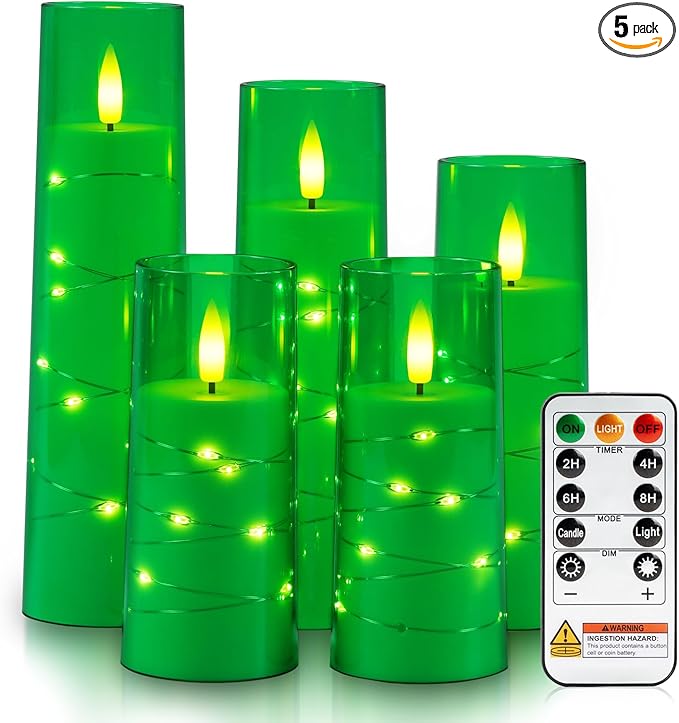 Raycare St. Patrick's Day Flameless Candle with Remote Timer – 5 Flickering Acrylic Battery Operated LED Pillar Candles with Embedded Star String for Christmas, Home Decor, and as a Gift(Green)