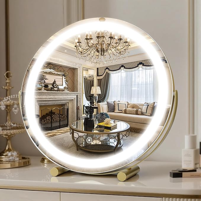 Vanity Mirror with Lights, 18" LED Makeup Mirror, HD Professional Mirror, Smart Touch with 3-Color Lighting, Dimmable, 360° Rotation, Lighted Up for Makeup Desk, Bedroom (Gold)