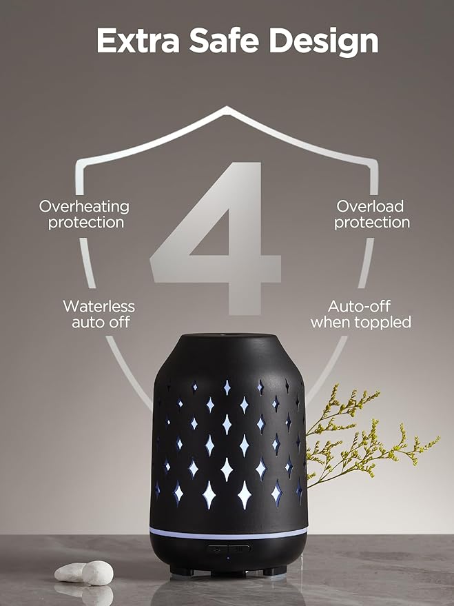 InnoGear Aromatherapy Diffuser, 150ml Ceramic Diffuser Ultrasonic Humidifier Cool Mist Essential Oil Diffusers for Home Air Diffuser with 2 Mist Modes Waterless Auto Off, Black