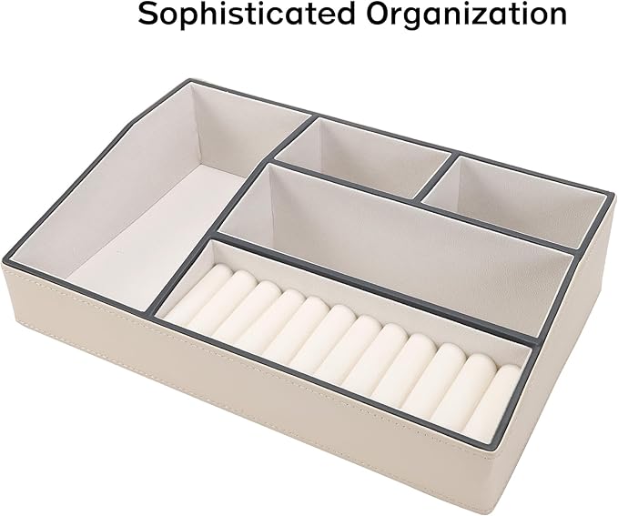Faux Leather Valet Tray – 5-Compartment Desk Jewelry Trays, Phone Watch Organizer Catch-All Tray for Keys Wallet, Dresser Nightstand Office Entryway Storage (White)