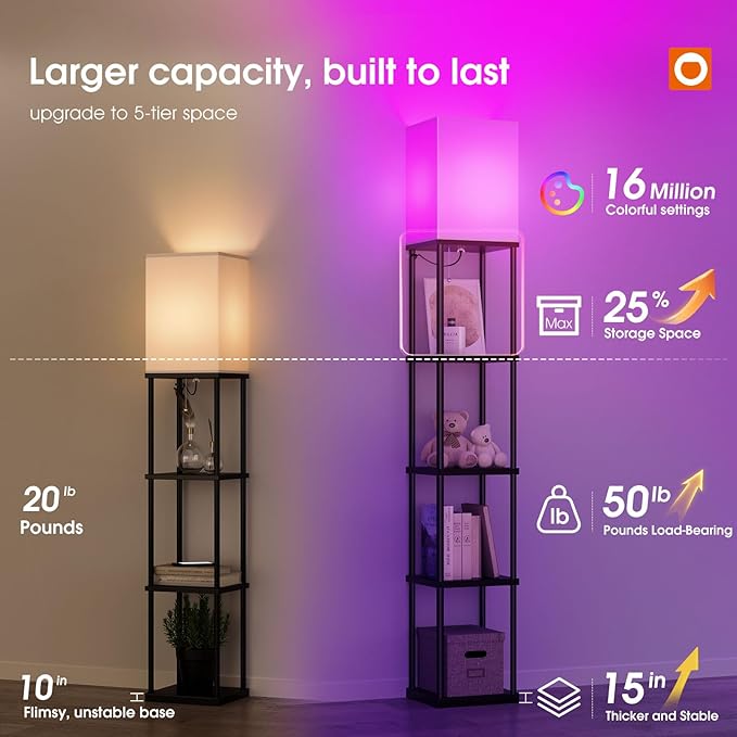 addlon 5-Tier Floor Lamp with Shelves, Modern Shelf Lamp with RGB Smart Bulb, APP Control Standing Lamp with White Lamp Shade, Floor lamp for Living Room, Bedroom (70'' H, Black)