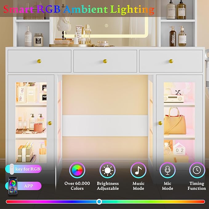 Makeup Vanity Desk with Mirror and Lights, 43" White Vanity with Glass Top, Jewelry Storage, 3 Drawers & Glass Cabinets, Power Outlet & Adjustable LED Lights, Dressing Table for Women & Girls Bedroom