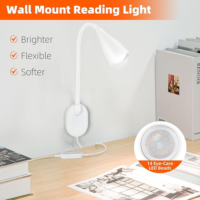 Wall-Mounted LED Bedside Reading Light with USB Charging Port, 10-Level Dimmable & Adjustable 5 Color, Plug-in Adhesive Night Lamp for Books in Bed, Eye-Caring Bedroom Lighting (White)