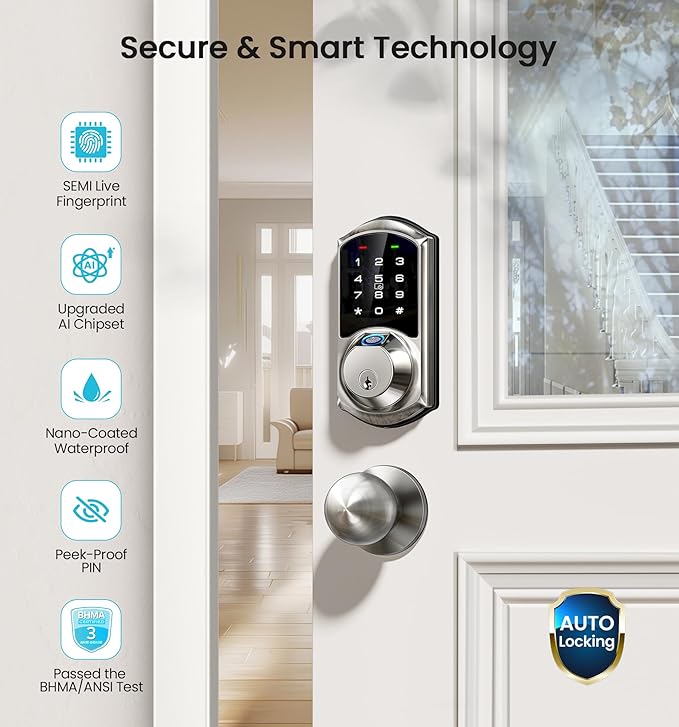 Veise VE07 Fingerprint Smart Door Lock, 7-in-1 Keyless Entry Deadbolt with App Control, Electronic Digital Touchscreen Keypad, Biometric Smart Locks for Front Door, Auto Lock, Satin Nickel