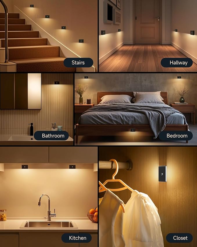 Yiliaw 6-Pack Rechargeable Motion Sensor Stair Lights Black, Dimmable Night Lights with 3 Modes & 3 Color Temperatures, Magnetic, Stick-On Stair Lights Indoor for Hallway, Stairway, Bathroom, Kitchen