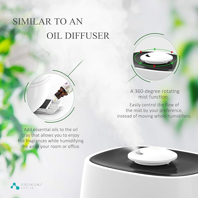 ASAKUKI Premium Cool Mist Humidifier, Large 4L Capacity Ultrasonic Diffuser Vaporizer, Whisper-Quiet Air Humidifier for Home,Office,Bedroom,Baby, Lasts Up to 20-60 Hours