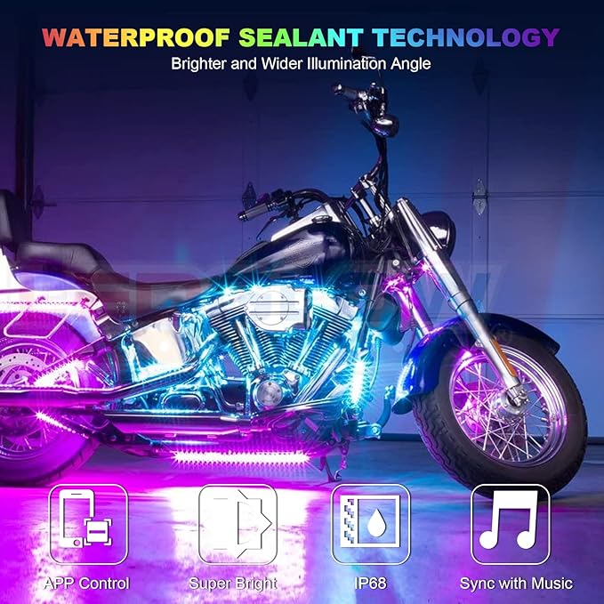16 Pcs RGB Chasing Motorcycle LED Lights Kit for Harley Davidson Kawasaki Suzuki, Waterproof Magic Multicolor Motorcycle Underglow Kit Strip Lights with APP Control Music Sync Brake Turn Signal