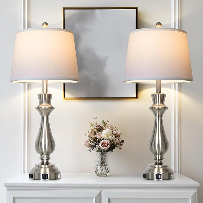Silver Touch Lamps for Night Stands Set of 2-29.5" Tall Bedside Lamp with USB C+A, 3 Way Dimmable Bedroom Lamps, Brushed Nickel Table Lamps for Living Room