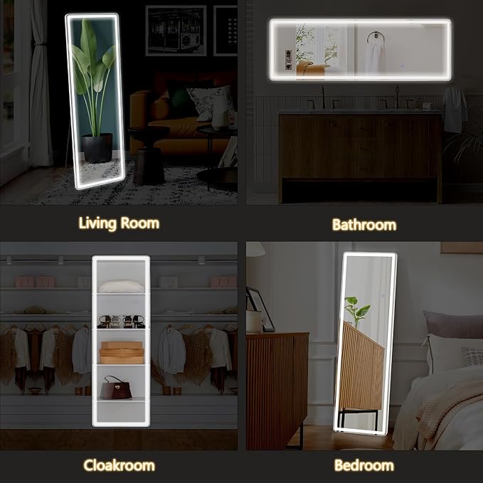 Sweetcrispy Full Length Mirror with LED Lights, 61"x17" Lighted Floor Mirror with Dimming & 3 Color Lighting, Stand for Bedroom, Dressing Room