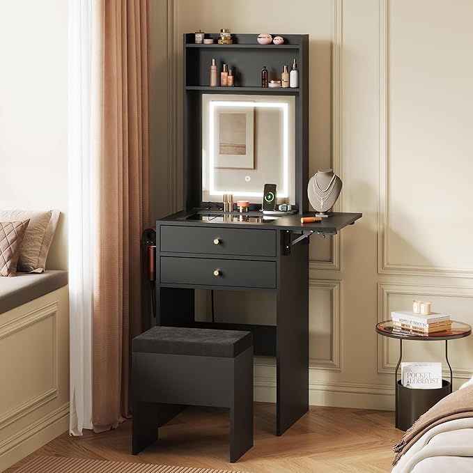 WLIVE Small Black Vanity Desk with Mirror and Lights, Compact Makeup Vanity Set with Fold-up Panel and Chair, Dressing Table with Charging Station for Small Space, Bedroom