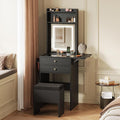 WLIVE Small Black Vanity Desk with Mirror and Lights, Compact Makeup Vanity Set with Fold-up Panel and Chair, Dressing Table with Charging Station for Small Space, Bedroom