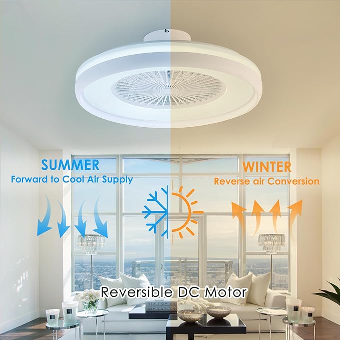 24" Bladeless Ceiling Fan with RGB Light Remote, Smart LED Ceiling Fans with Voice/App Control, Modern Low Profile Dimmable Light Ceiling Fan for Bedroom Living Room White