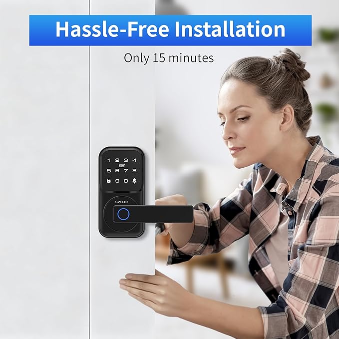 Smart Door Lock with Handle - Keyless Entry Door Lock for Front Door, Touchscreen Keypad Door Knob Lever Lock, Fingerprint Door Handle Lock, Auto Lock, App Control, Easy Installation