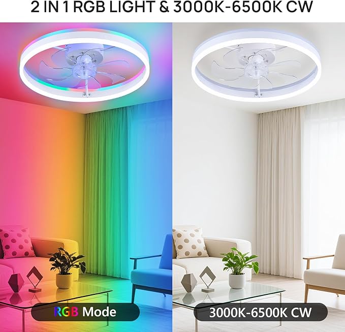 19.7" Ceiling Fans with Lights, Smart RGB Color Changing Low Profile Ceiling Fan, Modern Flush Mount Fandelier with Remote and APP, 6 Speeds, Quiet DC Motor, for Living Room, Bedroom, Indoor