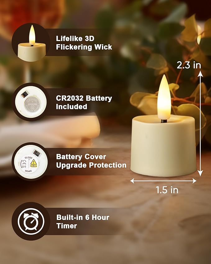 Flameless Candles, 12Pack Timer LED Votive Candles, Realistic 3D Flickering Tea Lights Candles Battery Operated with 6 Hours Timer Auto for Wedding Home Decor- Ivory Base