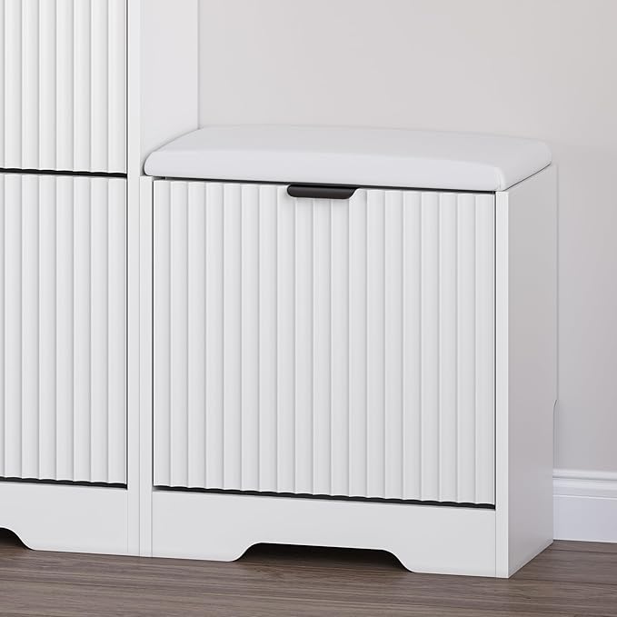 Slim Shoe Cabinet with Bench for Entryway, Hidden Storage and Adjustable Shelves, Free Standing Wooden Shoes Organizer for Foyer, Hallway
