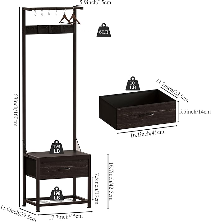 LUMTOK Hall Tree with Shoes Bench, Small Coat Rack with Fabirc Drawer and Shelf for Bedroom, 4-in-1 Entryway Organizer with Shoes Stool for Living Room, Entryway, Closets (Rustic Brown) (Black, Small)