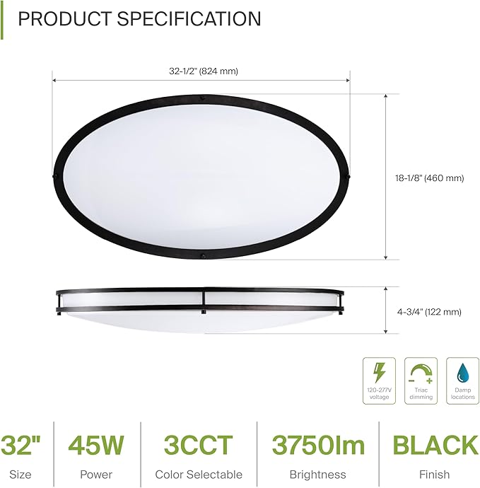 ASD LED 32" Oval Flush Mount Lighting, Close to Ceiling Light Fixture | 3CCT, Dimmable, Energy Star, ETL Listed | 45W 3750LM 3000-5000K 100-277V | Low Profile Double Ring Lamp | Black, 2 Pack