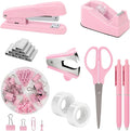 SKYDUE Pink Office Desk Accessories, Pink Office Supplies, Stapler, Tape Dispenser, Scissors, Clips and 1000pcs Staples,Office Supplies for Desk for Women