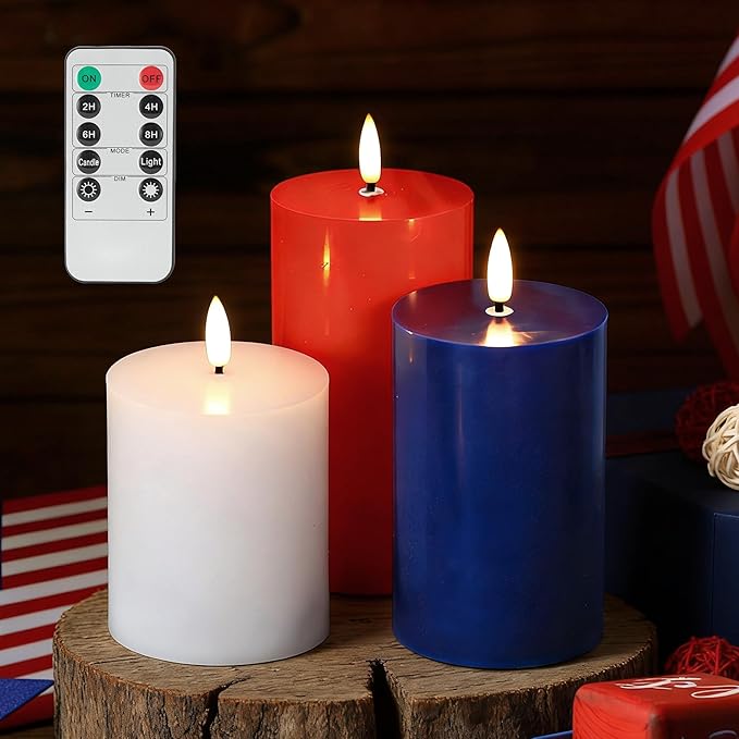 Red White Blue Patriotic Flameless Pillar Candles with Remote, 3 Pack Battery Operated Real Wax LED Candles, Perfect for 4th of July Independence Day Home Decorations Fireplace Table