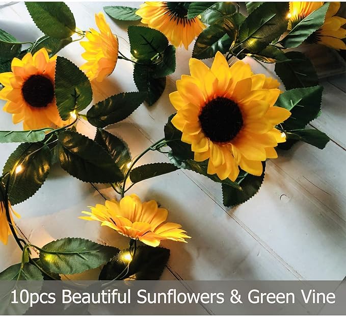 Fielegen 30 LED Artificial Sunflower Garland with Lights Battery Powered 7.2ft Sunflower Vine Fake Flowers Garland String Lights for Indoor Bedroom Holiday Garden Wedding Birthday Party Table Decor