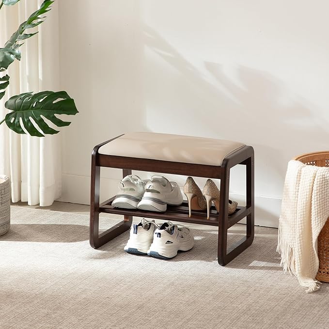 Small Shoe Rack Bench,2 Tier Solid Wooden Entryway Bench with Shoe Storage, Shoe Rack with Cushion for Living Room, Hallway(Pu Beige, 21.6")