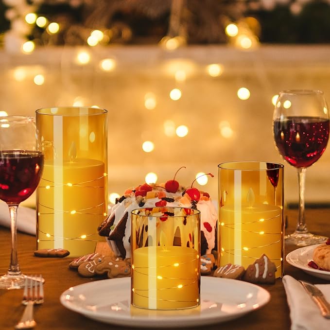 Wondise Flameless Flickering Candles with Embedded Star String Lights, Battery Operated with Moving Wick Acrylic LED Candles with Remote for Home, Wedding, Halloween, Christmas Decor(Gold)