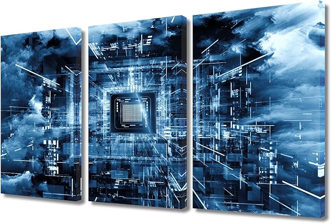 3 Pieces Canvas Prints Wall Art CPU Concept Modern House Decor Computer Chip Poster Canvas Wall Art Electronic PC Living Room Bedroom Decoration Artwork Painting Framed Ready to Hang(24"Wx36"H)
