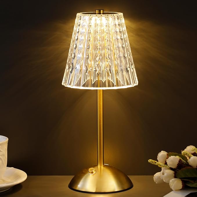 Cordless Table Lamp with Touch Control - 3000mAh Rechargeable, Small Crystal 3-Color Dimmable Ambient Light for Dining Table, Bedside, Kitchen, Entryway, Bathroom, Restaurant, Gifts