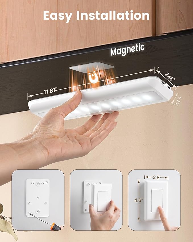 SURAIELEC Rechargeable Under Cabinet Light with Wall Switch, 3500mAh Under Counter Lighting, Wall Switch Remote or Motion Sensor, 6500K 150LM, Magnetic Led Light Bar for Kitchen, Closet, Shelf,1-Pack