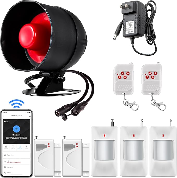 WiFi Alarm Home Security System, Wireless Alarm System with Loud 120dB Motion Sensor Siren, Window Door Alarms Sensor, Remote Control for Shed Garage