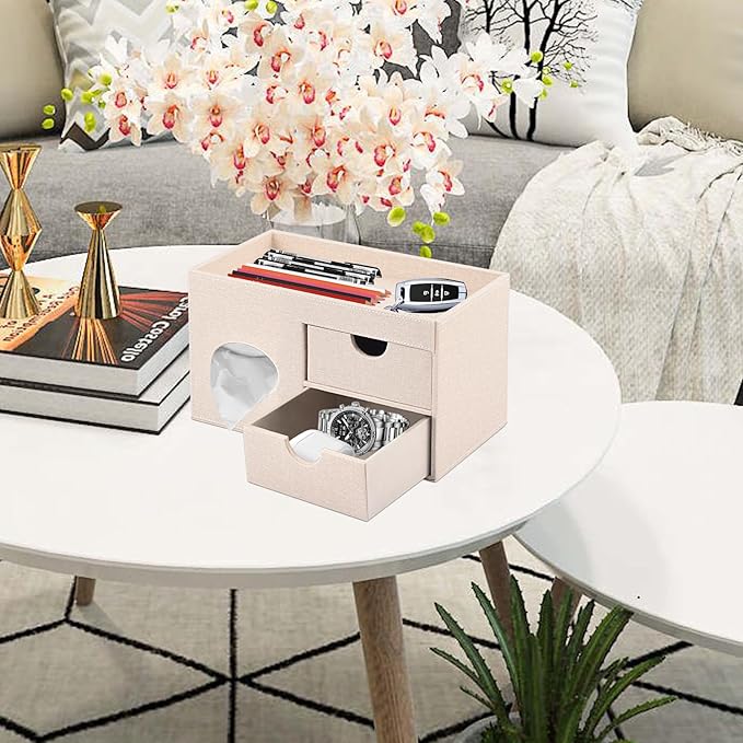 Square Tissue Box Cover with Drawers,Tissue Box Holder with Storage Tray, Makeup Organizer and Desk Organizer,Tissue Holders Decorative for Bathroom Vanity NightStand Dressing Table (Beige)